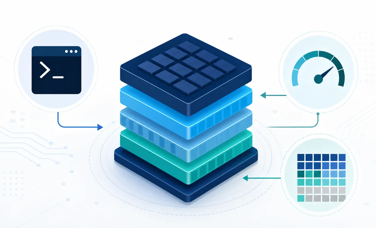 Editorial illustration comparing a command line, memory monitor and memory map around Windows standby memory