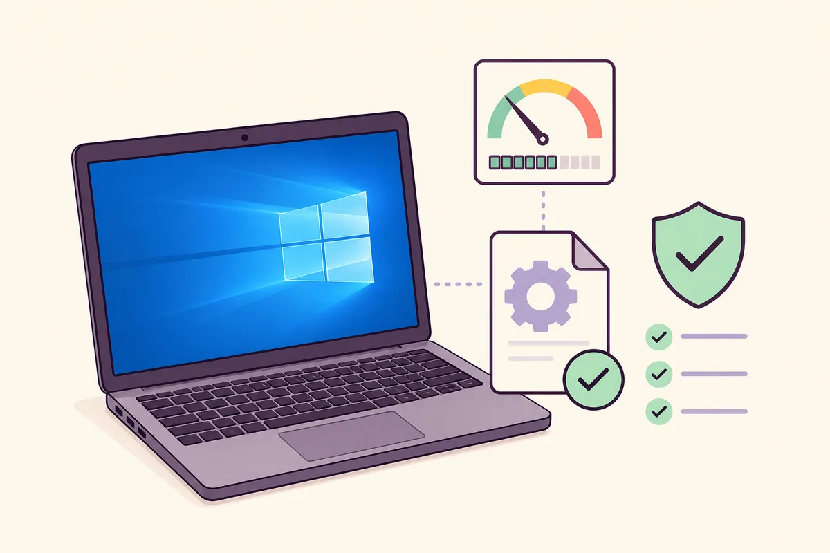 Editorial illustration of a Windows 10 laptop, memory gauge and verified utility file