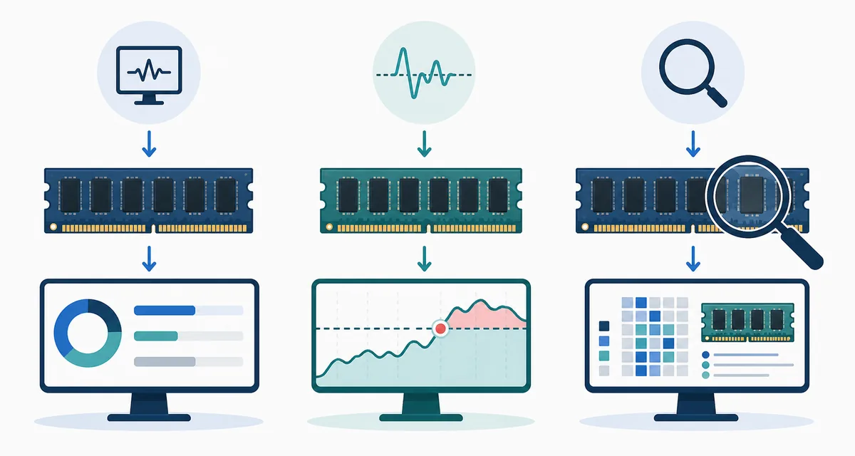 Editorial illustration comparing Windows memory monitoring, ISLC threshold monitoring and RAMMap diagnosis