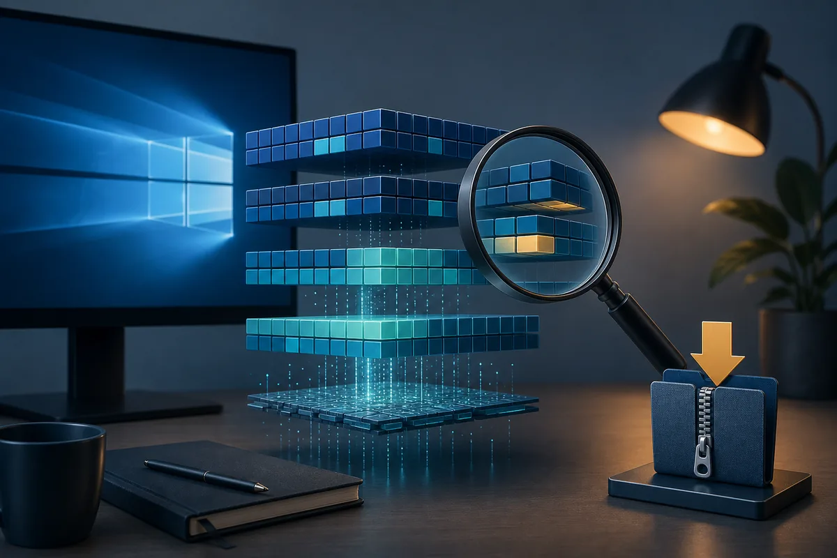 Editorial illustration of a physical memory map being inspected before downloading RAMMap